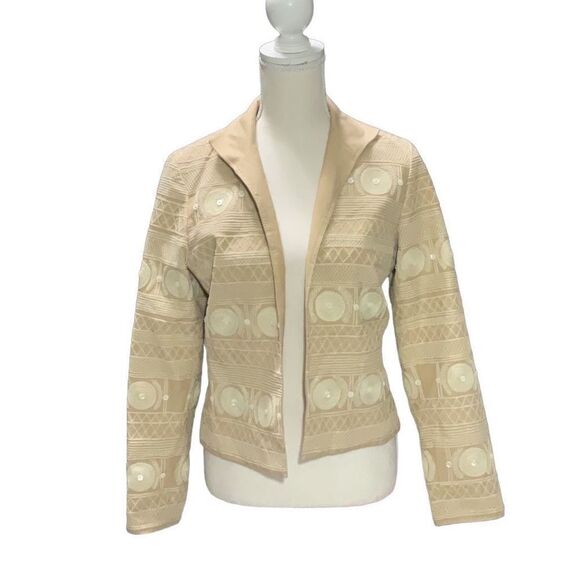 Anne Klein NY Khaki Open Front Jacket Embroidered Lined Long Sleeve Size 4P - Picture 1 of 8